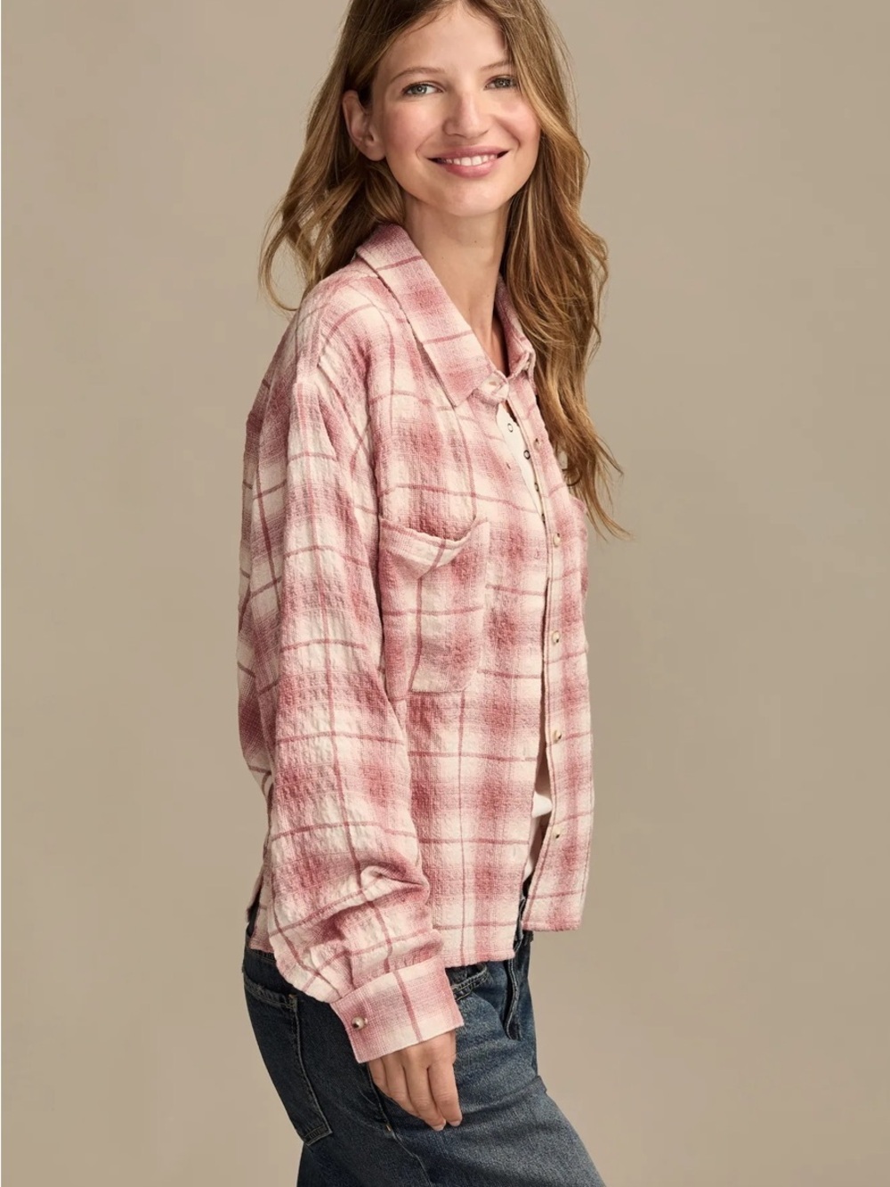 Lucky Brand Cropped Plaid Drapey Shirt - Picture 4 of 11